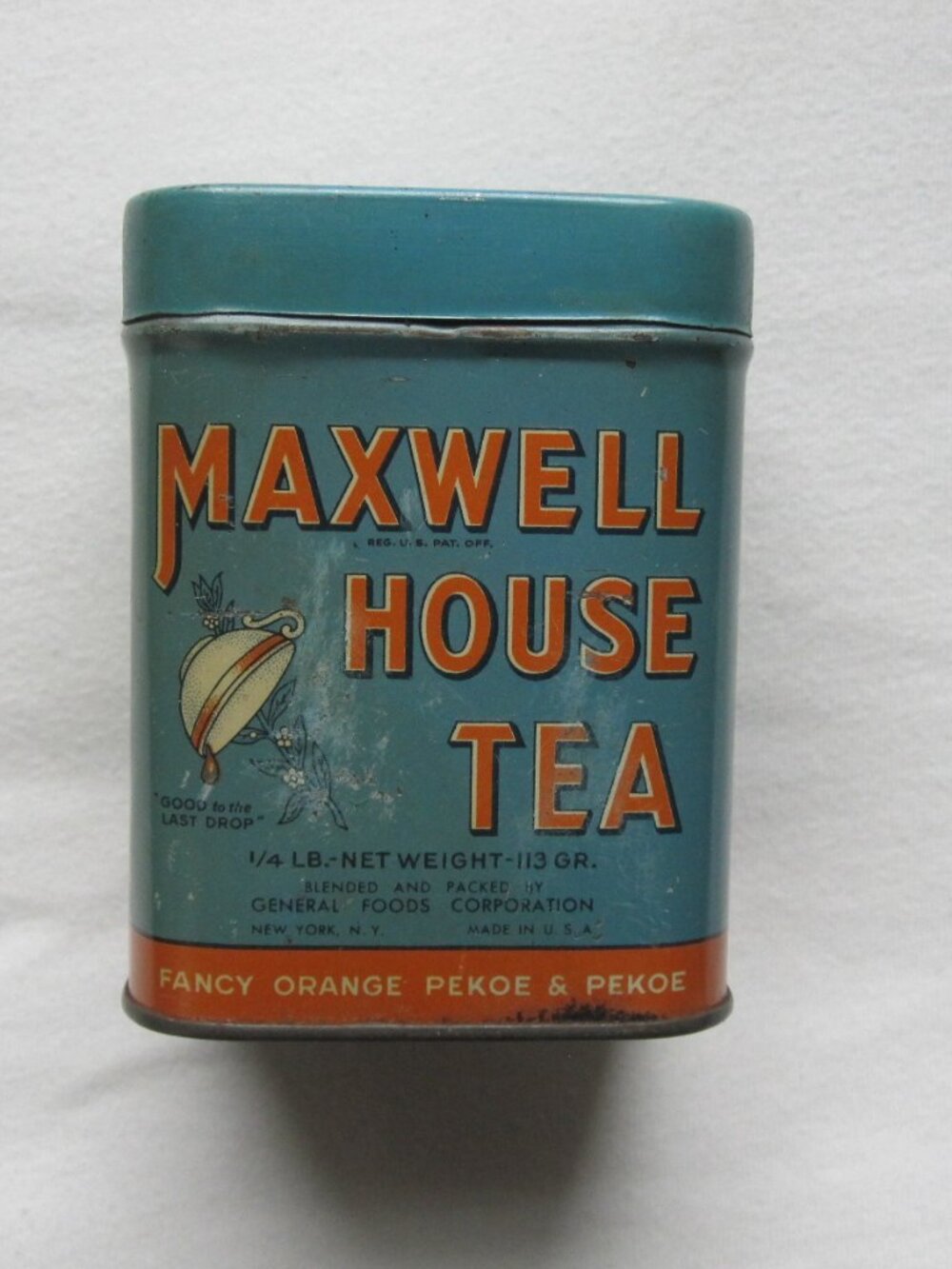 old 1940's Maxwell house Tea Tin - 1/4 pound Pekoe - FULL of orig. tea!